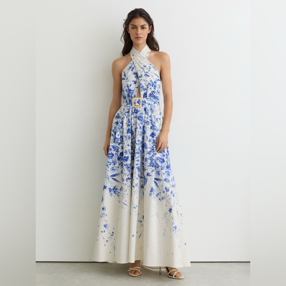 NWT REISS Amaya Cotton Floral-Print Belted Maxi Dress with Stretch in Ivory/Blue